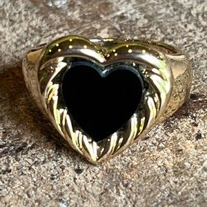 Gold Wings Embracing Black Onyx Heart Signet Ring, Promise Ring